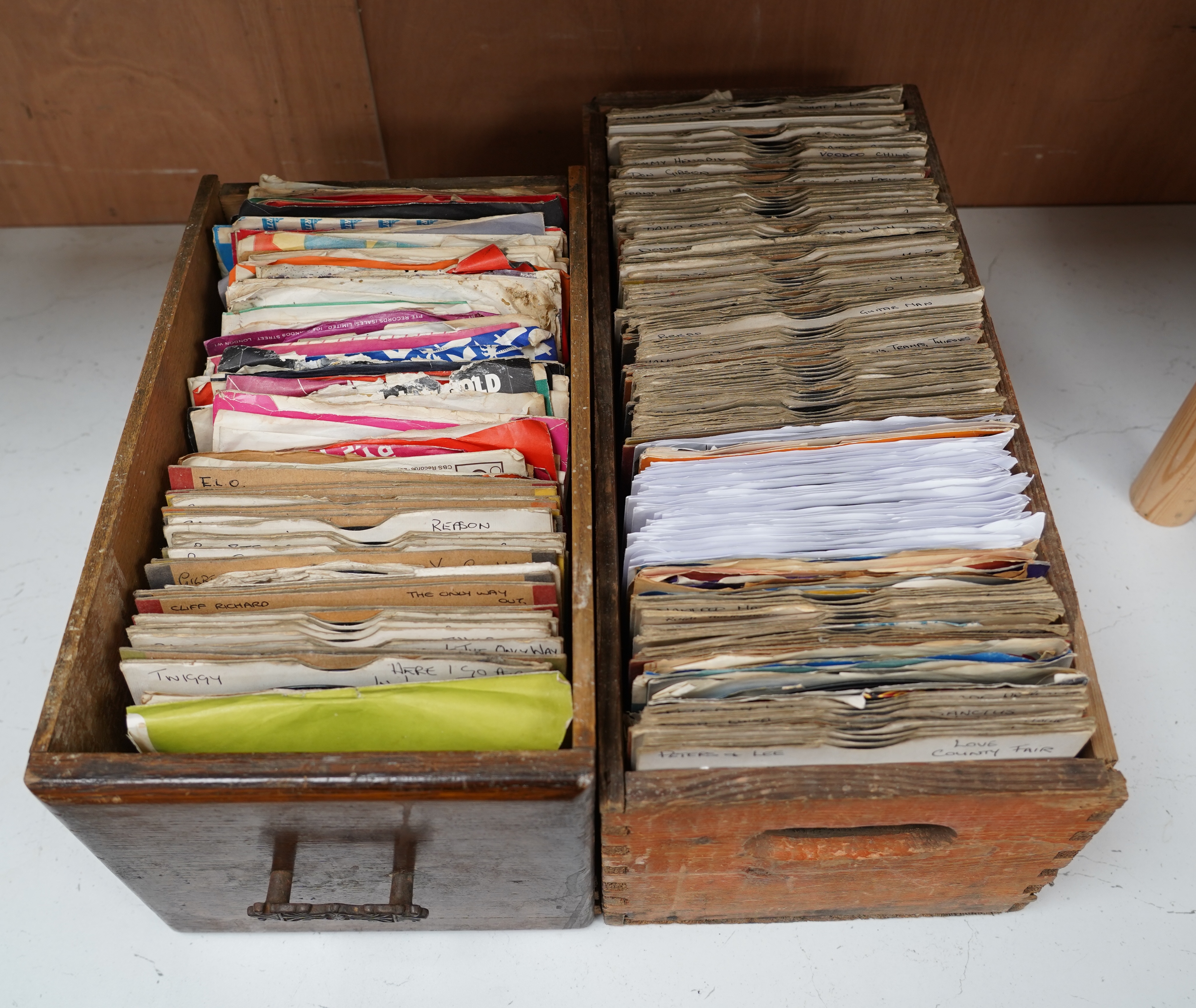 Two boxes of 7 inch singles, mainly 1960s and 1970s, including Adam and the Ants, Manfred Mann, the Stylistics, 10cc, Hot Chocolate, Bread, David Essex, Cliff Richard, ELO, the Bachelors, etc.